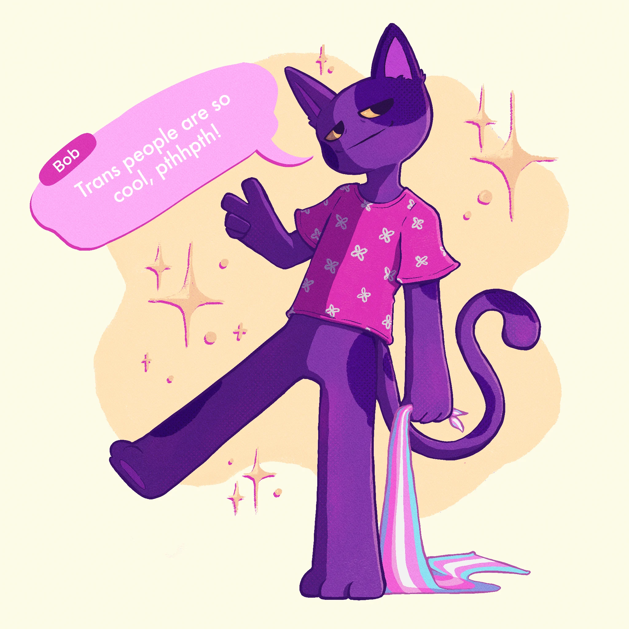 a digital fullbody illustration of Bob from Animal crossing holding a trans flag, he is saying 'Trans people are so cool' followed by his catchphrase keysmash.